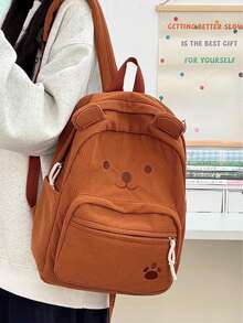 PC Cartoon Bear Pattern Corduroy Backpack, Sweet Casual Style, Top Handle Side Pockets, Lightweight And Durable, Suitable For School, Daily Shopping And Short Trips - Multicolor - View 3