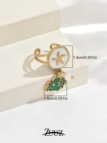 1pc Vintage Stainless Steel Ring Oil Dripping White Starfish Pattern Ring Green Octopus Pendant Open Ring For Women Jewelry - Ring - View 2
