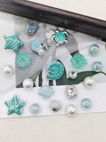 20PCS Ocean Green Starfish Conch Turtle Resin Clog Shoe Charms DIY Decorations Beach Shell Flower Shoe Buckle Accessories Faux Pearls Shoe Clips Decor - Multicolor - View 7