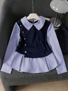 8-12 Years Old Tween Girls Spring/Autumn New College Style Blue & White Striped Color Block 2-In-1 Single-Breasted Lapel Long Sleeve Pullover Shirt Top - Blue - View 2