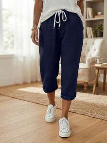 Jisfaneya Women's Plus Size Casual Solid Color Capri Length Pants, Elastic Waistband Drawstring Pocket Design Summer - Navy Blue - View 1
