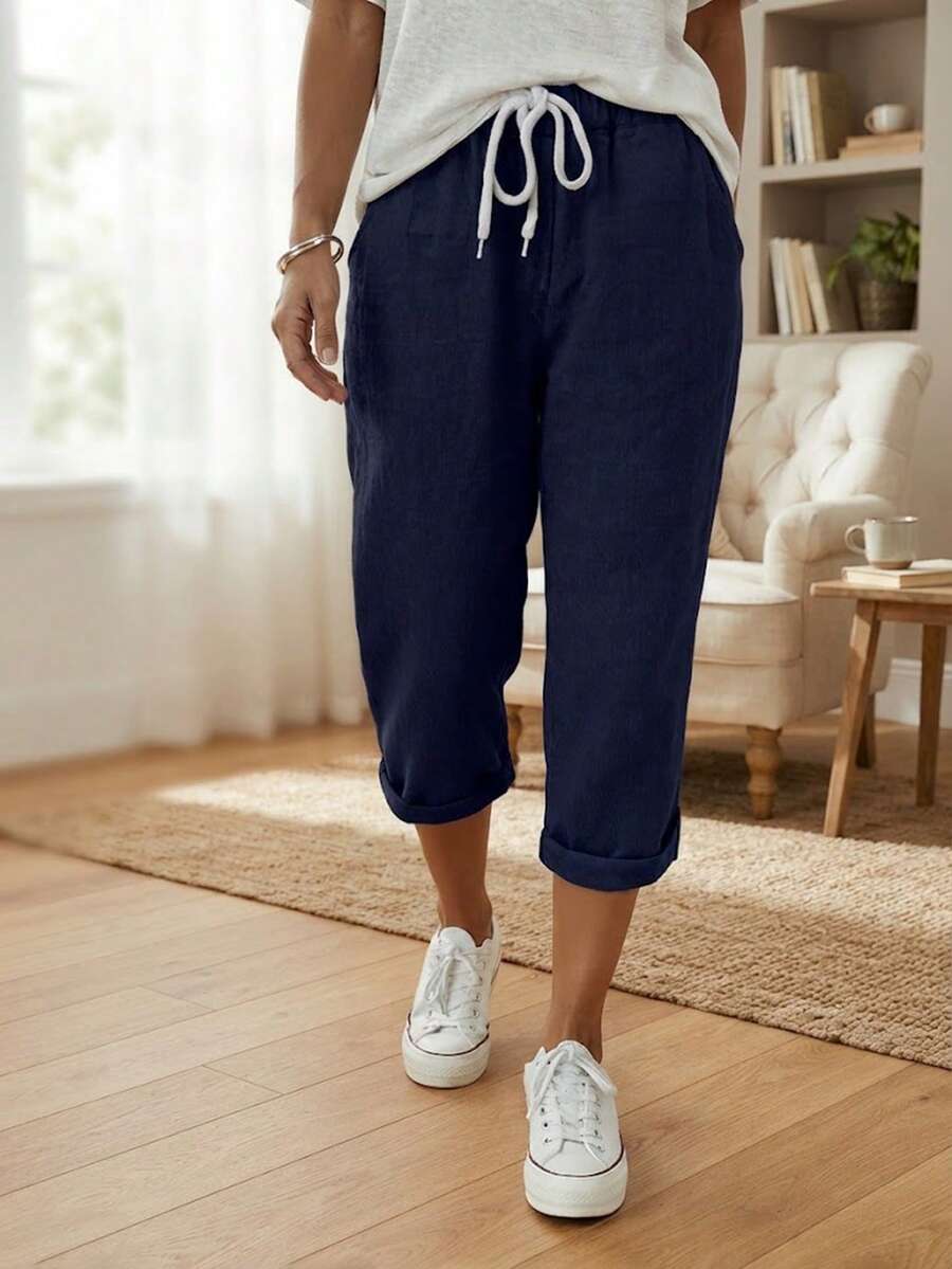 Jisfaneya Women's Plus Size Casual Solid Color Capri Length Pants, Elastic Waistband Drawstring Pocket Design Summer - Navy Blue - View 1