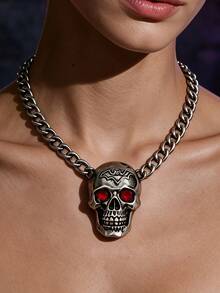 1 buah Kalung Rantai Tebal Tengkorak Mata Berlian Imitasi Merah Perak Gaya Punk Gelap dengan Liontin Kelelawar Timbul, Aksesori Pakaian Keren untuk Pesta Halloween Unisex - Antique Silver - View 2