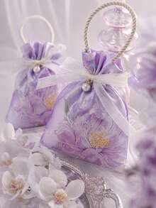 Purple Satin Drawstring Gift Bag, Printed Pattern, Transparent Organza Bow, Pearl Decoration, Twisted Rope Handle, Elegant Reusable Party Favor Bag, Suitable For Wedding Reception, Bridal Shower, Birthday Party, Anniversary, Gift Wrapping And Event Table Decor - Multicolor - View 3