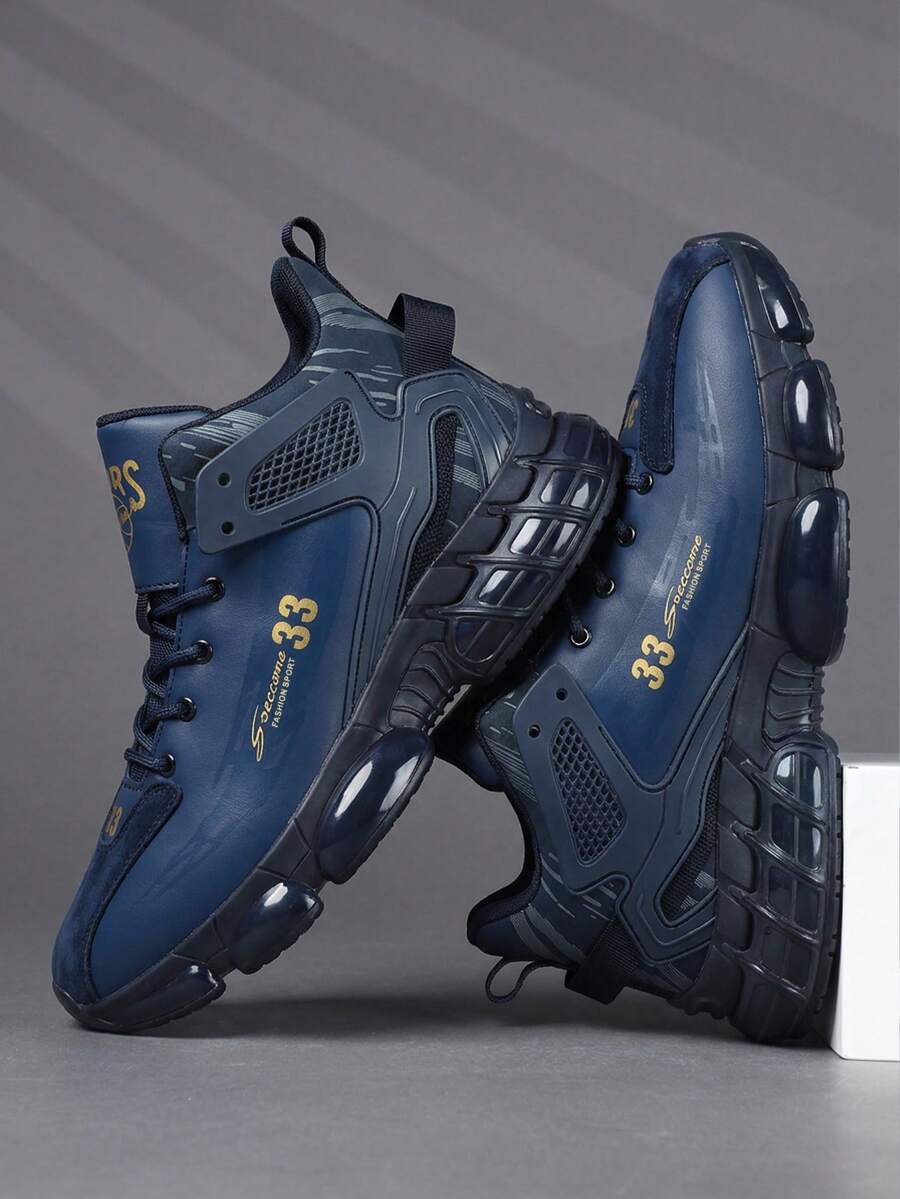 Men's Navy High‑Top Air Cushion Sneakers, Faux Leather Spliced Shock‑Absorbing Non‑Slip Outdoor Running Shoes - Navy Blue - View 1