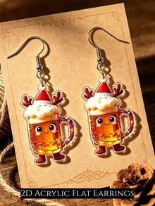2D Cute Christmas Beer Mug Dangle Earrings, Cartoon Wine Glass With Christmas Hat And Deer Antlers Acrylic Pendant Earrings, Fun Christmas Party Women's Jewelry Gift - Christmas Beer Mug - View 1