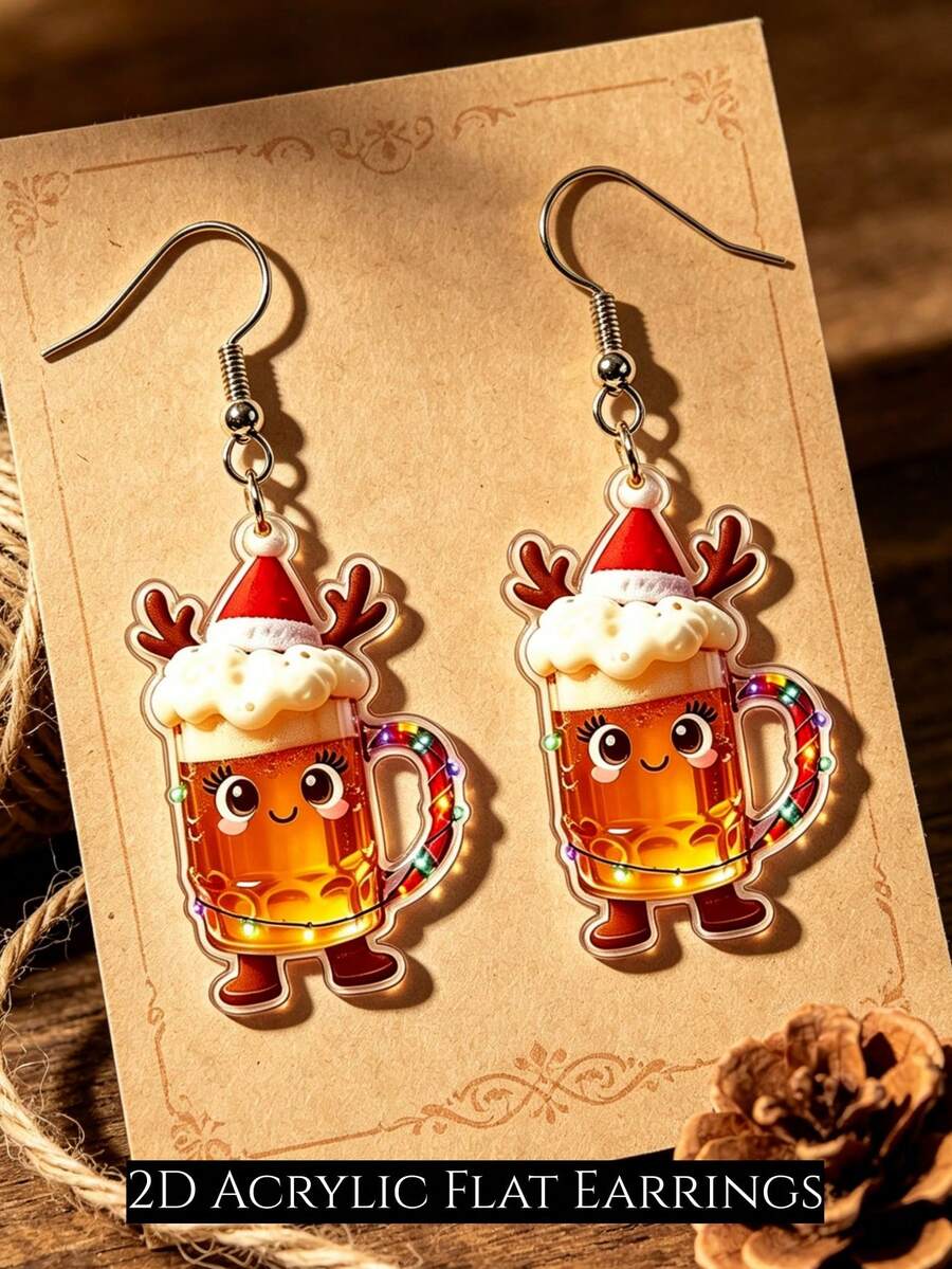 2D Cute Christmas Beer Mug Dangle Earrings, Cartoon Wine Glass With Christmas Hat And Deer Antlers Acrylic Pendant Earrings, Fun Christmas Party Women's Jewelry Gift - Christmas Beer Mug - View 1