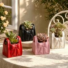 1pc Girly Style Handbag Shaped Flower Pot With Bow, Exquisite Embossed Design, Vanity Decor, Rental Home Soft Furnishing, Best Friend Gift, Desktop Succulent Planter Container - Handbag Planter - View 4