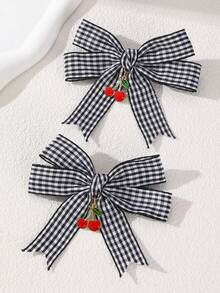 2pcs/8pcs Women's Fashionable College Style Pink Red Blue Black Dual-Color Checkerboard Bow Hair Clips, Cherry Pendant Checkerboard Hair Clips, Cute Hair Accessories For Campus Daily Wear, Birthday Party, Suitable For Daily Party Gathering Decoration And Matching - Multicolor - View 7