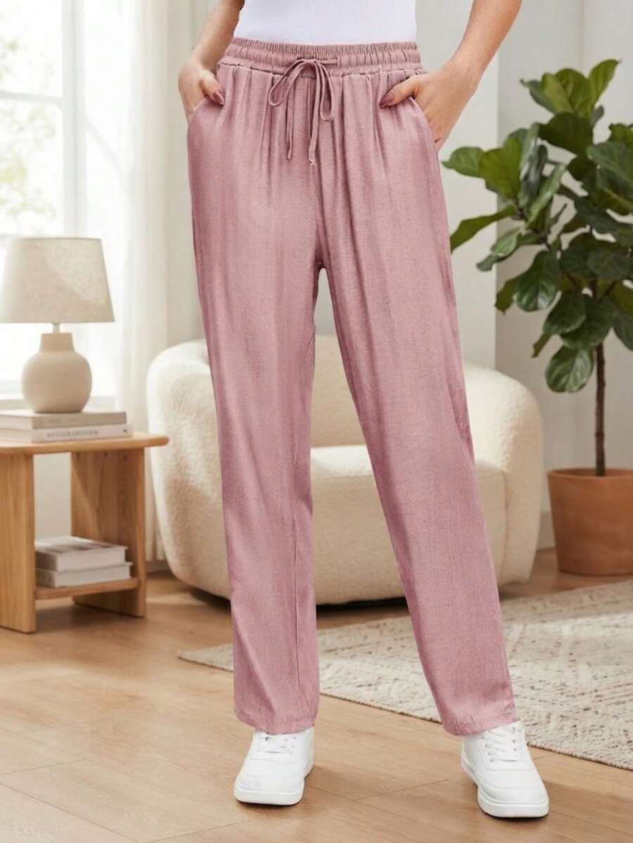 Jisfaneya Solid Pink Slim Fit Pants With Elastic Waistband, Drawstring Pockets And Textured Fabric, Casual Versatile Spring/Summer Trousers - Pink - View 1