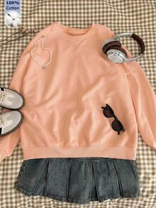 Women's Casual Peach Long Sleeve Pullover Sweatshirt Round Neck Drop Shoulder Rib-Knit Top For Daily Wear Fall & Winter  Outfits,Y2k Streetwear - Hami Melon Orange - View 9