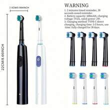 Smart Electric Toothbrush, Rotating Automatic Tooth Cleaner, 5 Modes, With 4 Replacement Soft Bristle Brush Heads, Rechargeable Toothbrush, 30s Smart Timer, For Deep Teeth Cleaning, Suitable For Home, Travel Use, Ideal Choice For Daily Teeth Cleaning, Perfect Holiday Gift - Multicolor - View 3