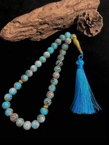 1pc 33pcs Colorful Landscape Pattern Artificial Crystal Round Beads Muslim Prayer Beads, Vintage Gold Accessory With Blue Silk Tassel, Handheld Prayer Beads For Worship And Meditation - Multicolor - View 6
