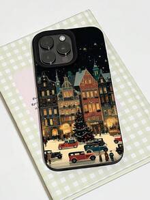 1pc Personalized Christmas Night Street Scene Aesthetic Pattern Black Liquid Straight Edge Phone Case Compatible With IPhone 16/16Pro/16Plus/15/15ProMax/15Pro/11/12/13/14ProMax/11Pro/11ProMax/12Pro/12ProMax/13Pro/13ProMax/14Pro/14ProMax Soft Shell Premium Creative - Multicolor - View 3