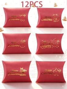12PCS/Christmas Pillow Gift Boxes, Red Paper Candy Treat Boxes With Gold Foil Stamping, 4.33*2.76 Inch Merry Christmas Cartoon Favor Boxes For Holiday Party Gift Packaging - View 13