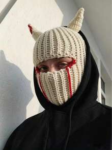 1pc Multicolor Demon Horn Knitted Balaclava Halloween Patchwork Contrast Color Full Face Mask Y2K Gothic Party Cosplay Unisex Warm Face Cover Hat - Multicolor - View 9