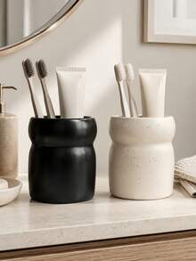 1pc Slim Toothbrush Holder, Minimalist Gourd-Shaped Toothpaste Rack, Modern Black & Beige Spotted Bathroom Storage Cup, Suitable For Vanity Countertop Bathroom Decor - Multicolor - View 5