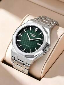 LONGLUX 1pc Men's Automatic Mechanical Watch With Calendar, Butterfly Clasp, Steel Band, Minimalist Casual Style - Green - View 2