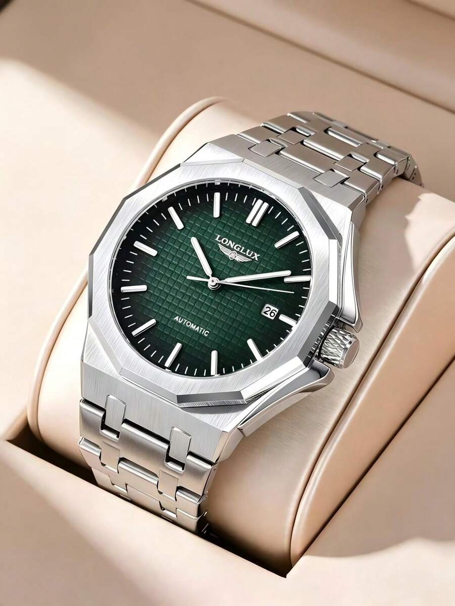 LONGLUX 1pc Men's Automatic Mechanical Watch With Calendar, Butterfly Clasp, Steel Band, Minimalist Casual Style