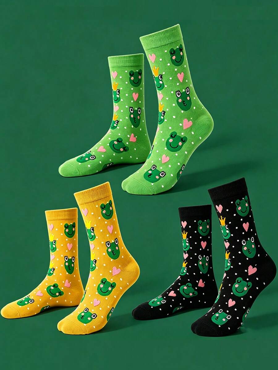 3 Pairs Heart Frog Pattern Socks, Novelty Holiday Gift, Unisex Mid-Calf Socks - Multicolor - View 1