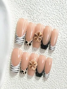 10件組極簡手工穿戴式美甲貼片，Polygel美甲藝術套組，手工花卉圖案、豹紋、黑白色，時尚風格，附美甲工具，3種尺寸可選，杏仁形、鴨嘴形、棺材形，適合派對、跳舞、日常配戴 - 彩色 - 查看 18