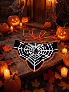 1pc Handmade Crochet Halloween Triangle Bandana With Spooky Spider Web Pattern, Versatile Tie Hair Accessory For Daily & Party - Black and White Spider Web - View 2