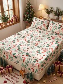 1pc Christmas Wreath Fitted Sheet, Christmas Dorm Bedding, Xmas Mattress Protector, Holiday Bed Cover, Christmas Room Decor, Deep Pocket, Skin‑Friendly & Breathable, Supersoft & Lightweight, Fits Twin/Full/Queen/King, No Pillowcase - Multicolor - View 5