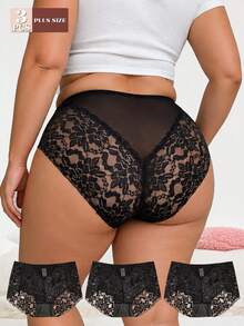 3PCS Plus Size Lace Sexy Panties Women's Underwear - Black - View 1