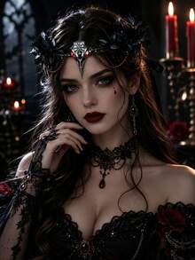 1pc Gothic Black Leaf Crown With Crow Skull And Red Rhinestone Pendant Chain, Vampire Forehead Headband, Suitable For Dark Cosplay Look - Black - View 9