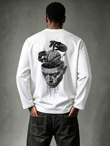 Men's Spring/Autumn Fashion Versatile Mask Brain Mechanical Print Crew Neck Long Sleeve T-Shirt - White - View 2