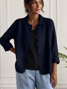 Jessfine Solid Color Collar Linen Blend Navy Blue Casual Jacket, Lightweight And Versatile For Spring/Summer - Navy Blue - View 1