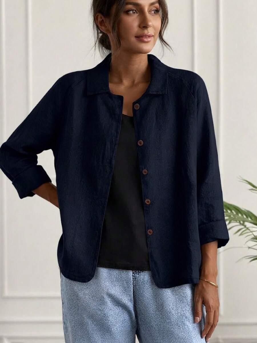 Jessfine Solid Color Collar Linen Blend Navy Blue Casual Jacket, Lightweight And Versatile For Spring/Summer - Navy Blue - View 1