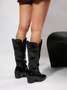 FVPFVP Sepatu Bot Wanita Bertumit Tinggi Model Slouch, Sepatu Bot Panjang Setinggi Lutut Bertumit Tebal Ujung Lancip untuk Musim Gugur/Dingin, Sepatu Bot Berkuda Ramping dengan Detail Kerut - Hitam - View 6