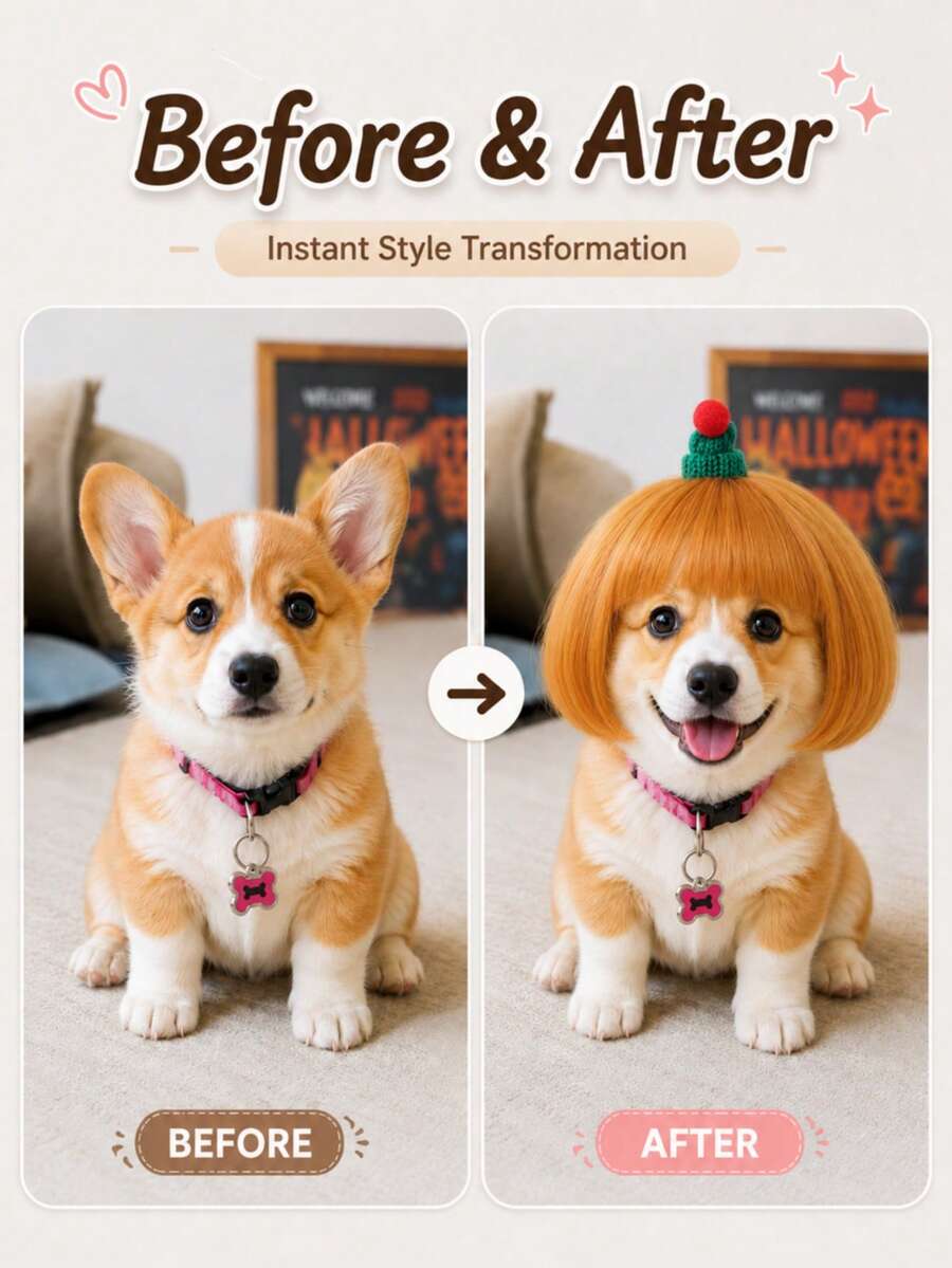 6 Inch Straight Bright Orange Pet Bob Wig With Full Bangs, Soft Synthetic Fiber, Cute Mini Knitted Green Hat With Pom Pom Decoration, Adjustable Strap, Suitable For Small Dogs And Cats Christmas Cosplay Costume Accessory, Halloween - Multicolor - View 1