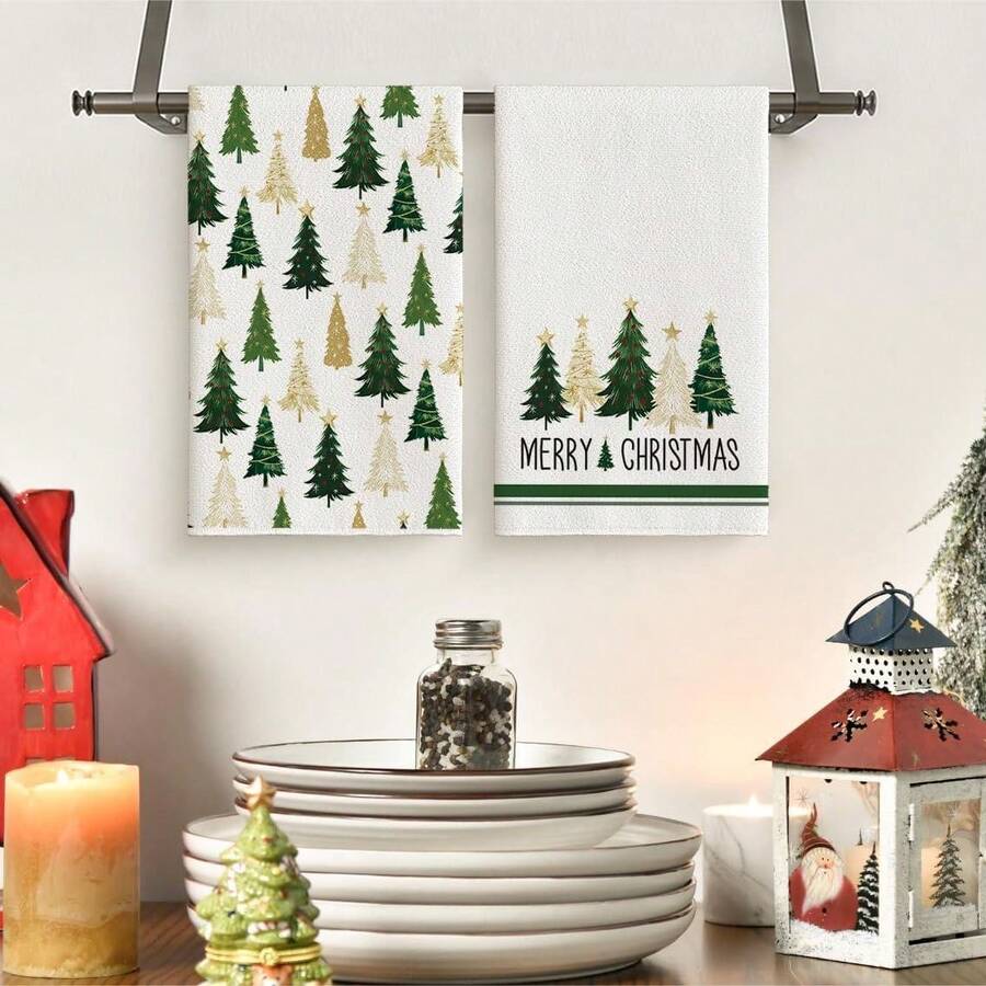 2PCS Green Gold Christmas Kitchen Towels, Assorted Xmas Tree Merry Christmas Print Dish Towels, Festive Winter Holiday Home Decor Hand Tea Towels For Kitchen