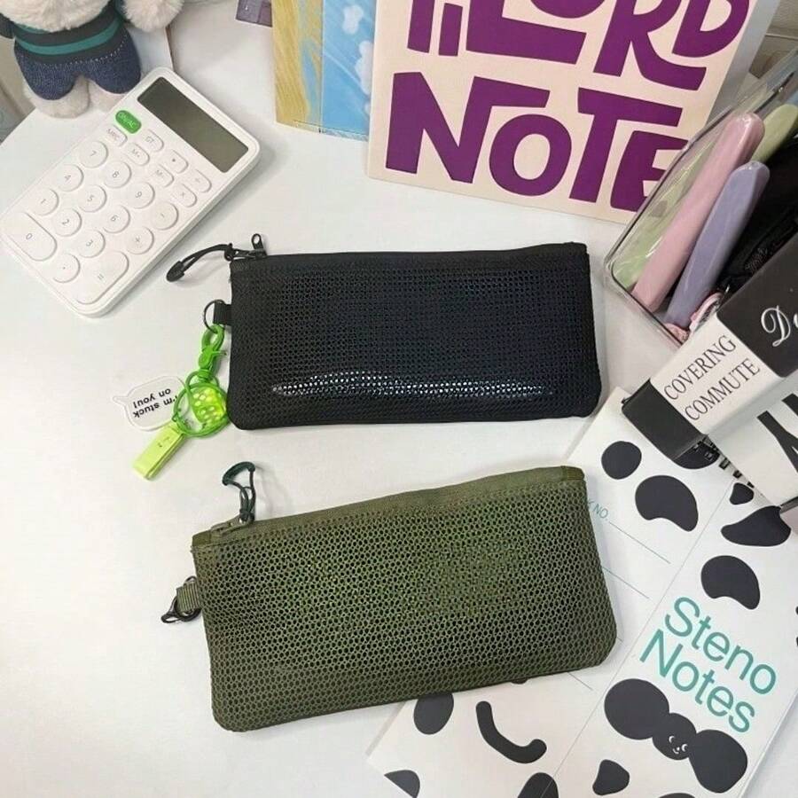 Transparent Mesh Zipper Pencil Case, Large Capacity Aesthetic Stationery Storage Bag, Suitable For School And Office Supplies - A - View 1