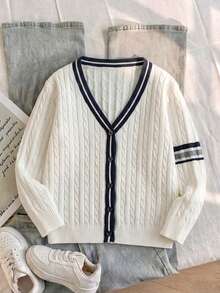 Cardigan Rajut Leher V Lengan Bergaris Warna-warni Gaya Mahasiswa Laki-laki, Cocok untuk Pakaian Kasual Sehari-hari di Sekolah, Musim Semi, Musim Gugur, Musim Dingin - Putih - View 5