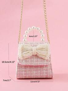 1 buah Tas Tangan Anak-anak dengan Hiasan Pita Mutiara, Bahan PU Motif Garis Warna Polos, Penutup Lipat, Tas Selempang Rantai Modis untuk Anak Perempuan, Cocok untuk Hadiah Liburan dan Kegiatan Sehari-hari - berwarna merah muda - View 2