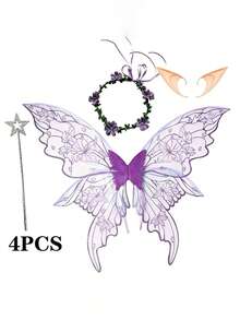 Shiny Butterfly Fairy Wings Costume Set, With Flower Crown, Elf Ears And Magic Wand. Suitable For Halloween Role-Playing And Party Events. - Multicolor - View 16