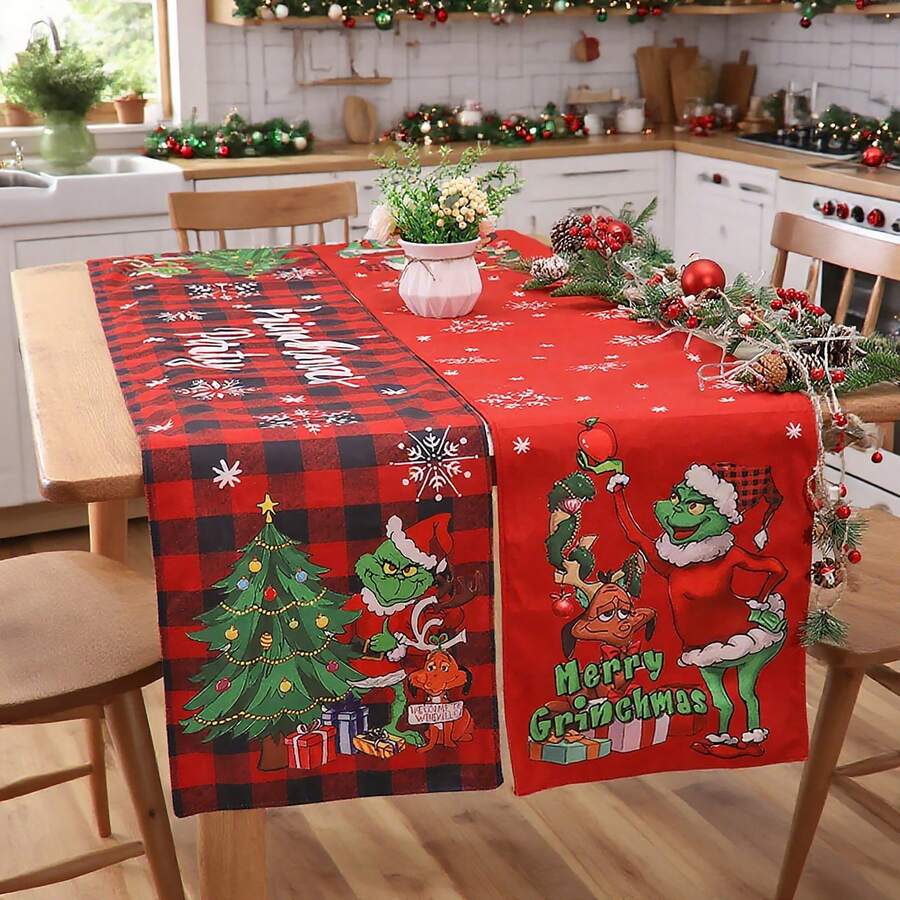 The Grinch مفرش طاولة ميرى جرينشماس، مفرش طاولة بموضوع عيد الميلاد، ديكور غرفة الطعام للعطلات الشتوية لحفلة العشاء، ديكور طاولة المطبخ وغرفة الطعام لحفلة العطلات للمنزل - متعدد الألوان - مشاهدة 1