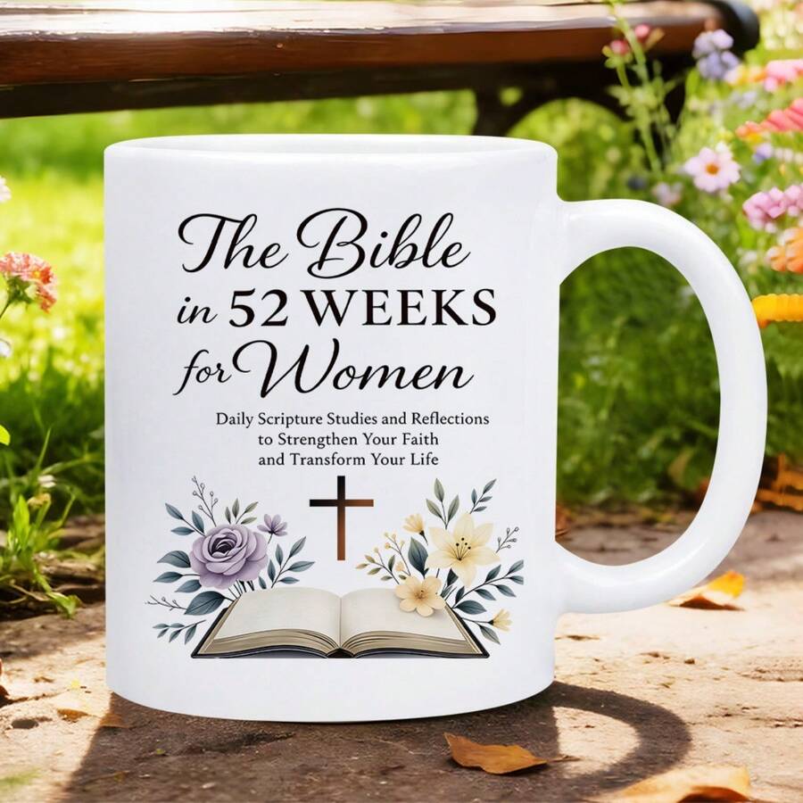 [Mother's Day Gift] The Bible In 52 Weeks For Women Floral Cross Bible Graphic 1pc 11oz Ceramic Mug, Dishwasher  Reusable Coffee Cup- Great Gift For Mother's Day, Birthdays, Christmas, Gift For Parents, Families, Brothers And Sisters - White - View 1