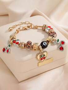 1pc Woman Leopard Print Beaded Bracelet With Heart Cherry Pendant, Adjustable And Detachable DIY String Bracelet, Holiday Gift - Multicolor - View 3