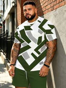 2pcs/Set Men's BIG&TALL Plus Size Summer Outfit, Red & White High Contrast Sharp Geometric Stripe Textured Print Top & Shorts Set, Streetwear Casual - Green - View 1