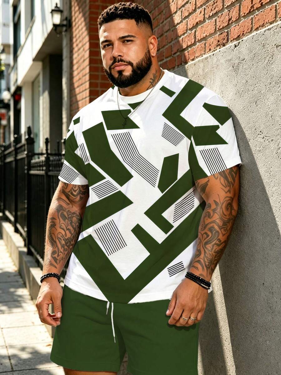 2pcs/Set Men's BIG&TALL Plus Size Summer Outfit, Red & White High Contrast Sharp Geometric Stripe Textured Print Top & Shorts Set, Streetwear Casual - Green - View 1