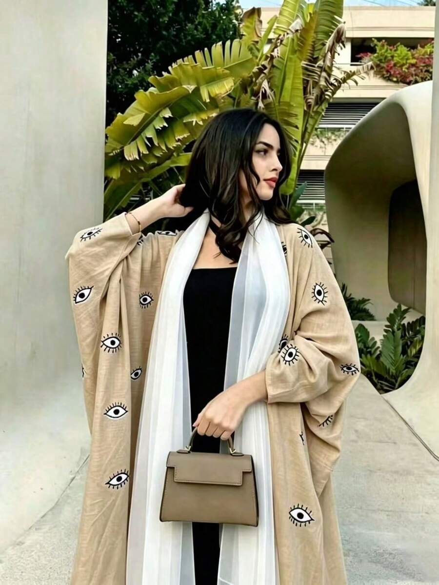 Middle Eastern Fashion Embroidered Cardigan Long Robe Arabian Dress White Linen Outerwear Women's Clothing Fall