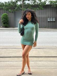 Women's Autumn Striped Print Long Sleeve Mini Dress - Multicolor - View 3