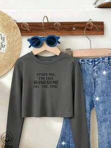 Girls Crew Neck Loose Long Sleeve Top, Fall   Winter Cotton Top, Girls Street Style Clothing - Grey - View 10