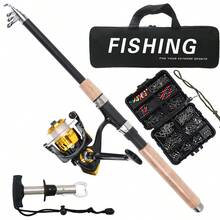 KecchKrezing Telescopic Fishing Rod And Spinning Reel Full Fishing Gear Set, With Fish Control Device, Accessory Box, Storage Bag, For Freshwater And Saltwater Outdoor Fishing - Black - View 2