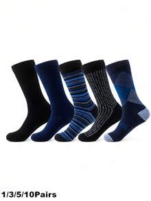 1/3/5/10 Pairs Men's Casual Mid-Calf Socks, Soft Cotton Dress Socks, Colorful Striped Plaid Geometric Pattern, Suitable For Daily Wear - Navy Blue - View 8