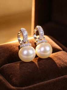 1pc Elegant Pearl Dangle Hoop Earrings, Fully Embellished With Shiny Zirconia Pendant Ear Clips, Classic Bridal Banquet Daily Earrings, Women Girls Accessories, Wedding Anniversary Birthday Party Gift - Silver - View 3